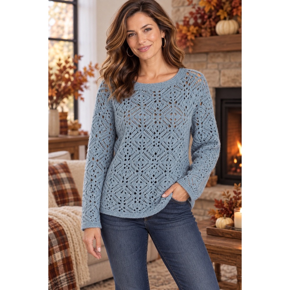 Universal Thread Blue Open Knit Sweater Women's M Lightweight Crochet Pullover